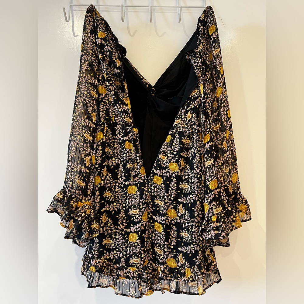 Floral V-Neck Women Dress - Black and Yellow - Picture 2 of 2